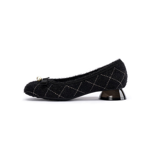 Classic Bow Tweed Quilted Pumps – Pearl Detail Block Heel Shoes