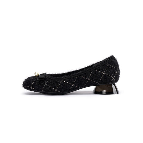 Classic Bow Tweed Quilted Pumps – Pearl Detail Block Heel Shoes