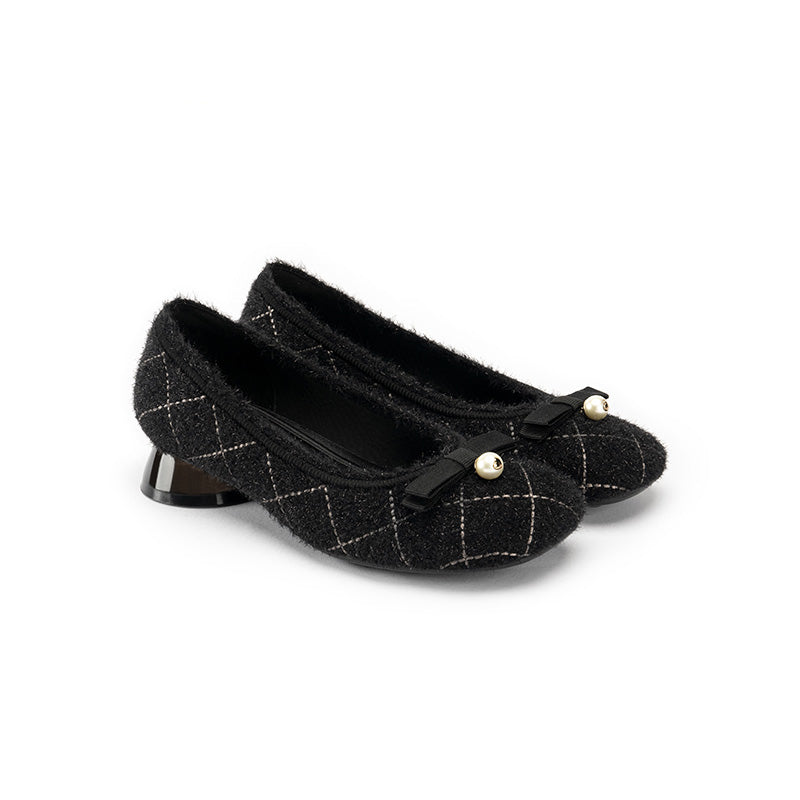 Classic Bow Tweed Quilted Pumps – Pearl Detail Block Heel Shoes