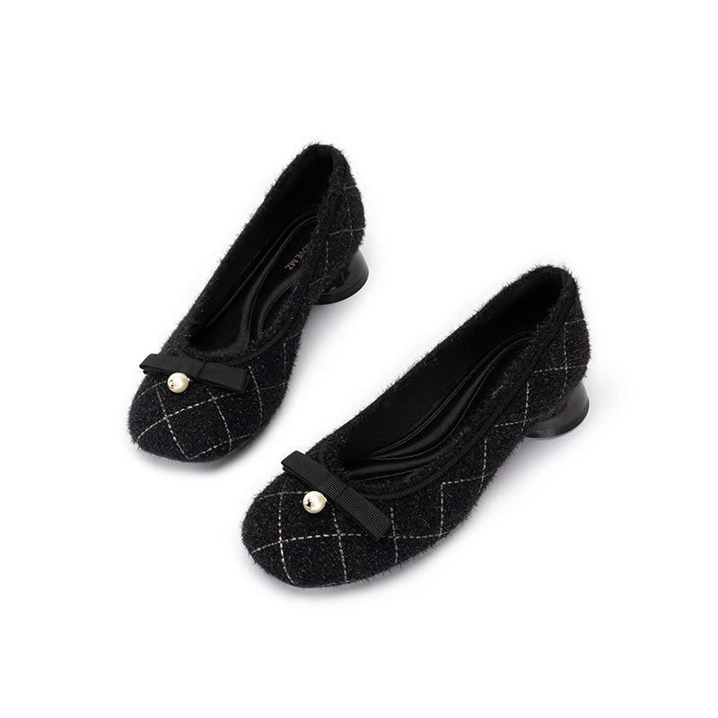 Classic Bow Tweed Quilted Pumps – Pearl Detail Block Heel Shoes