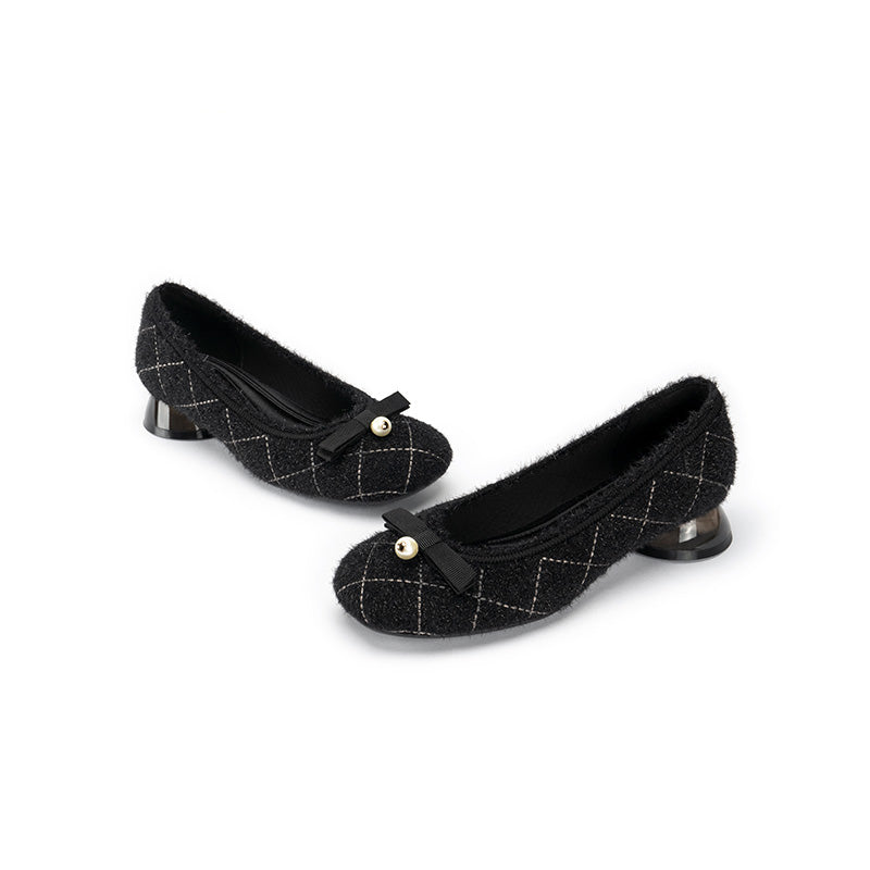 Classic Bow Tweed Quilted Pumps – Pearl Detail Block Heel Shoes