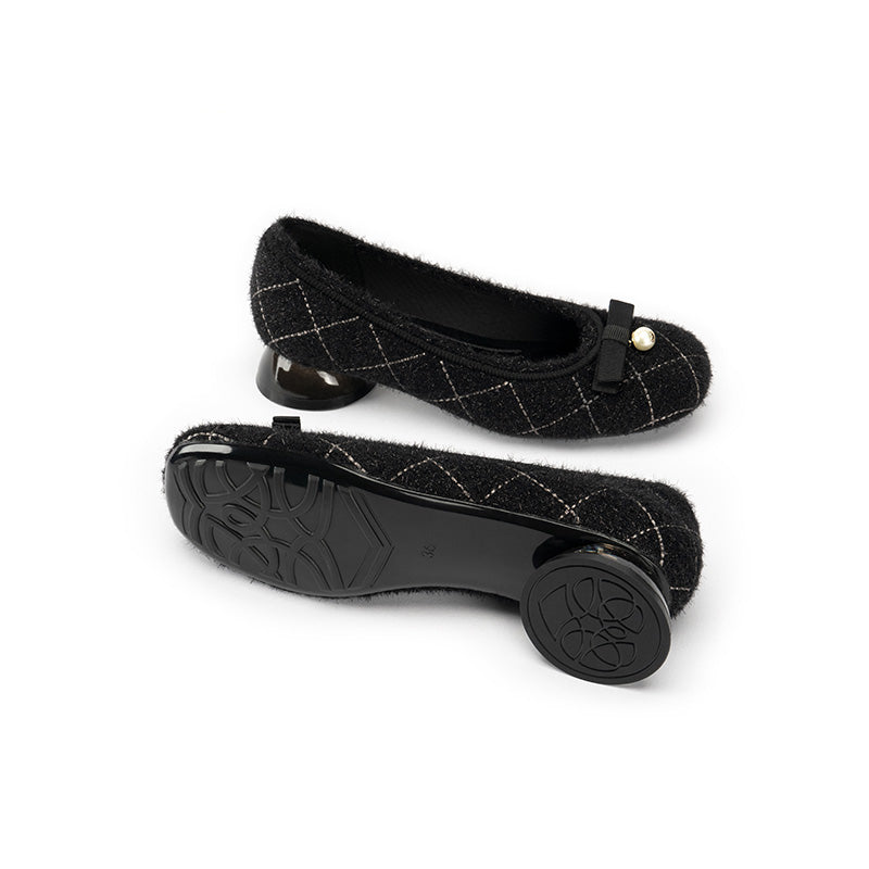Classic Bow Tweed Quilted Pumps – Pearl Detail Block Heel Shoes