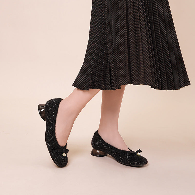 Classic Bow Tweed Quilted Pumps – Pearl Detail Block Heel Shoes