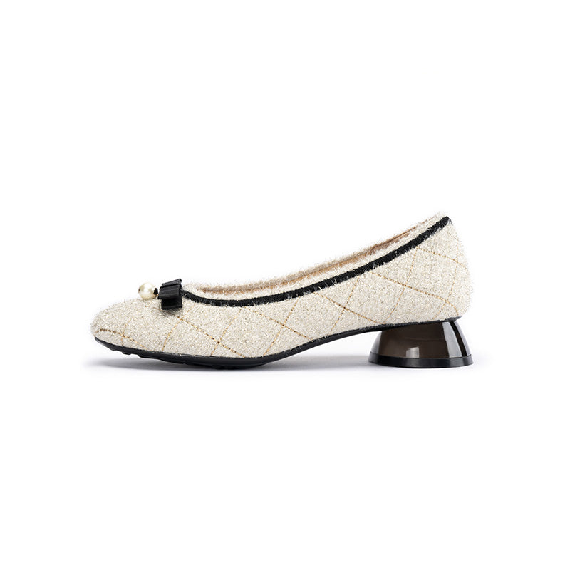 Classic Bow Tweed Quilted Pumps – Pearl Detail Block Heel Shoes