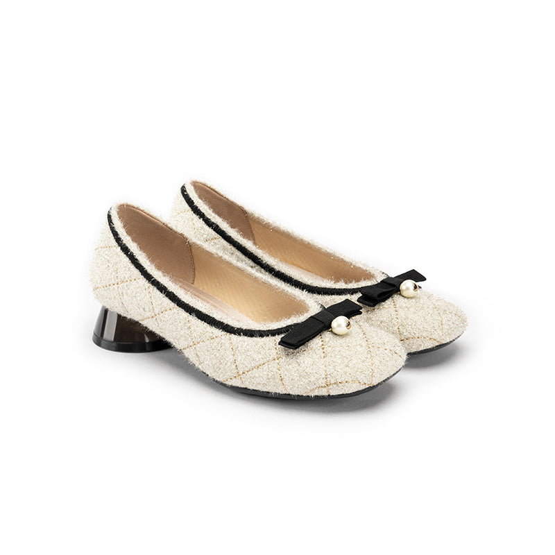 Classic Bow Tweed Quilted Pumps – Pearl Detail Block Heel Shoes