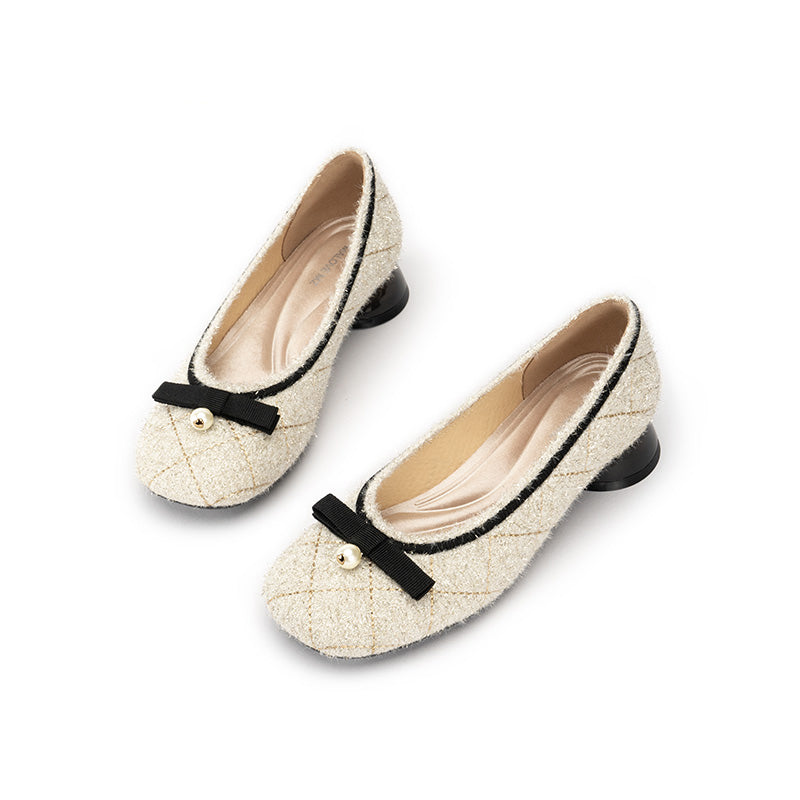 Classic Bow Tweed Quilted Pumps – Pearl Detail Block Heel Shoes