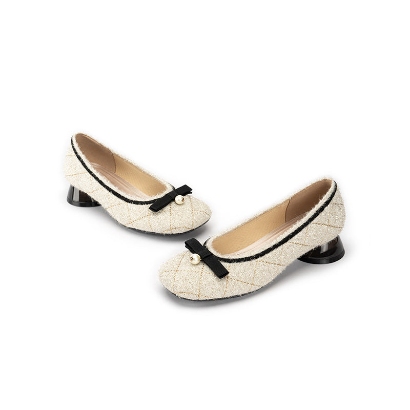 Classic Bow Tweed Quilted Pumps – Pearl Detail Block Heel Shoes