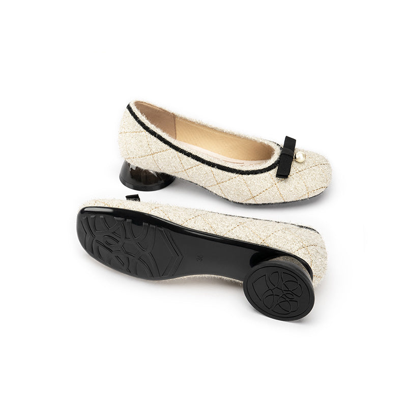 Classic Bow Tweed Quilted Pumps – Pearl Detail Block Heel Shoes
