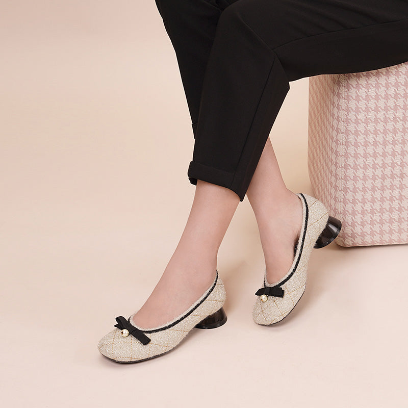 Classic Bow Tweed Quilted Pumps – Pearl Detail Block Heel Shoes