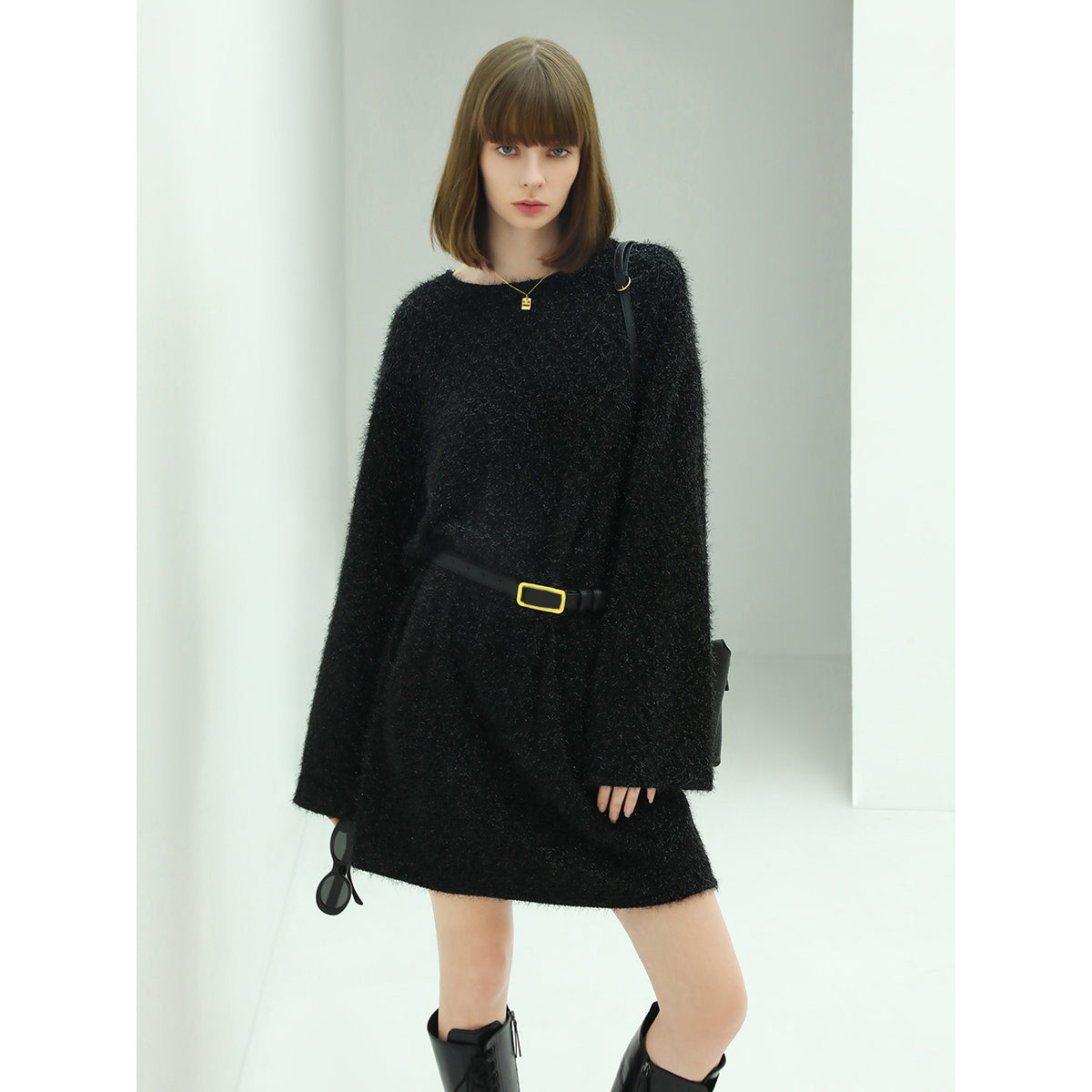 classic glittery black straight knit dress all black 3