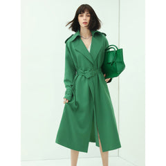 Classic Green Long Trench Coat with Buckle