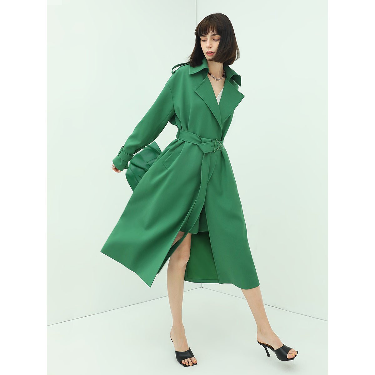 classic green long trench coat with buckle all green 2