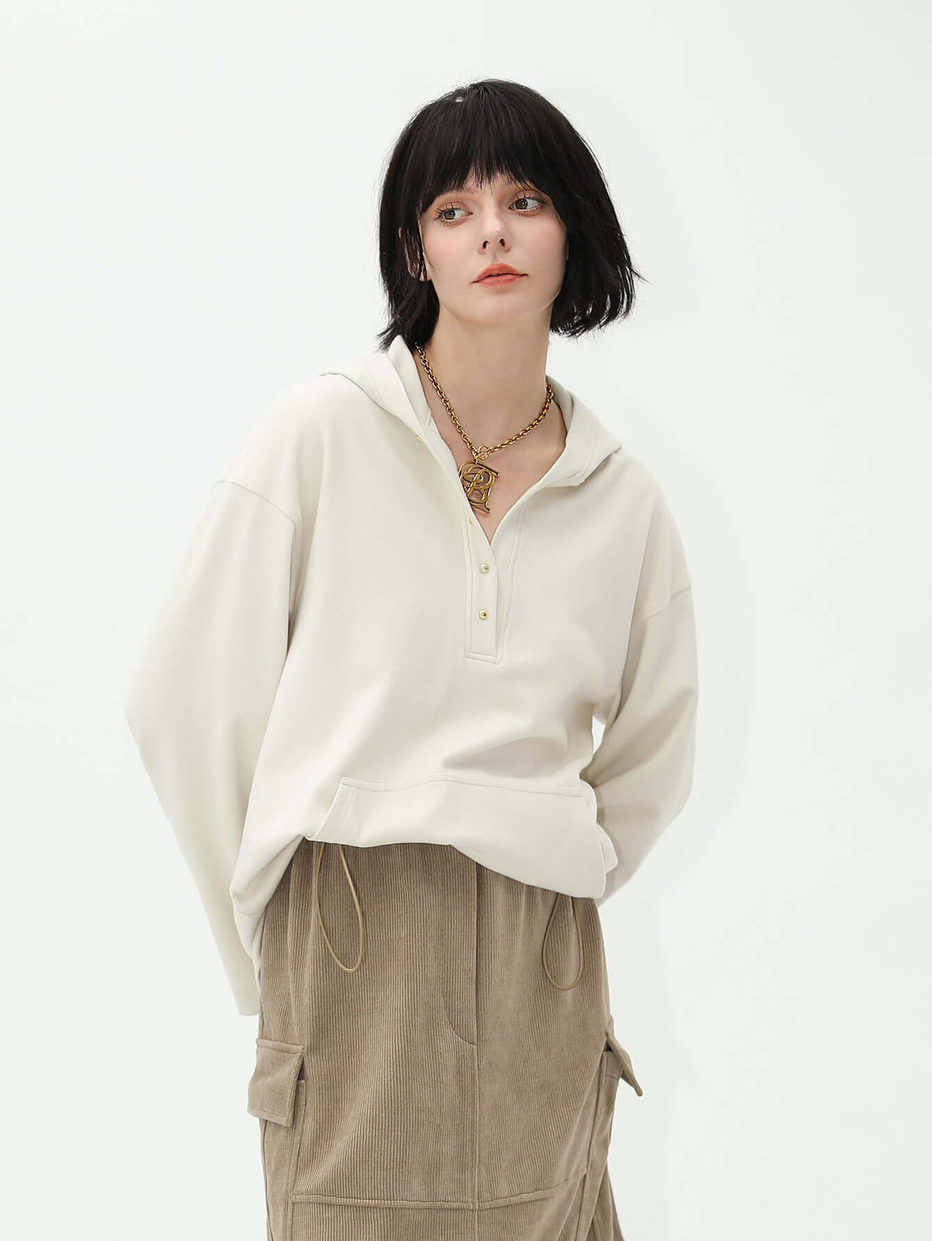 classic hooded sweater with gold buttons all beige 2