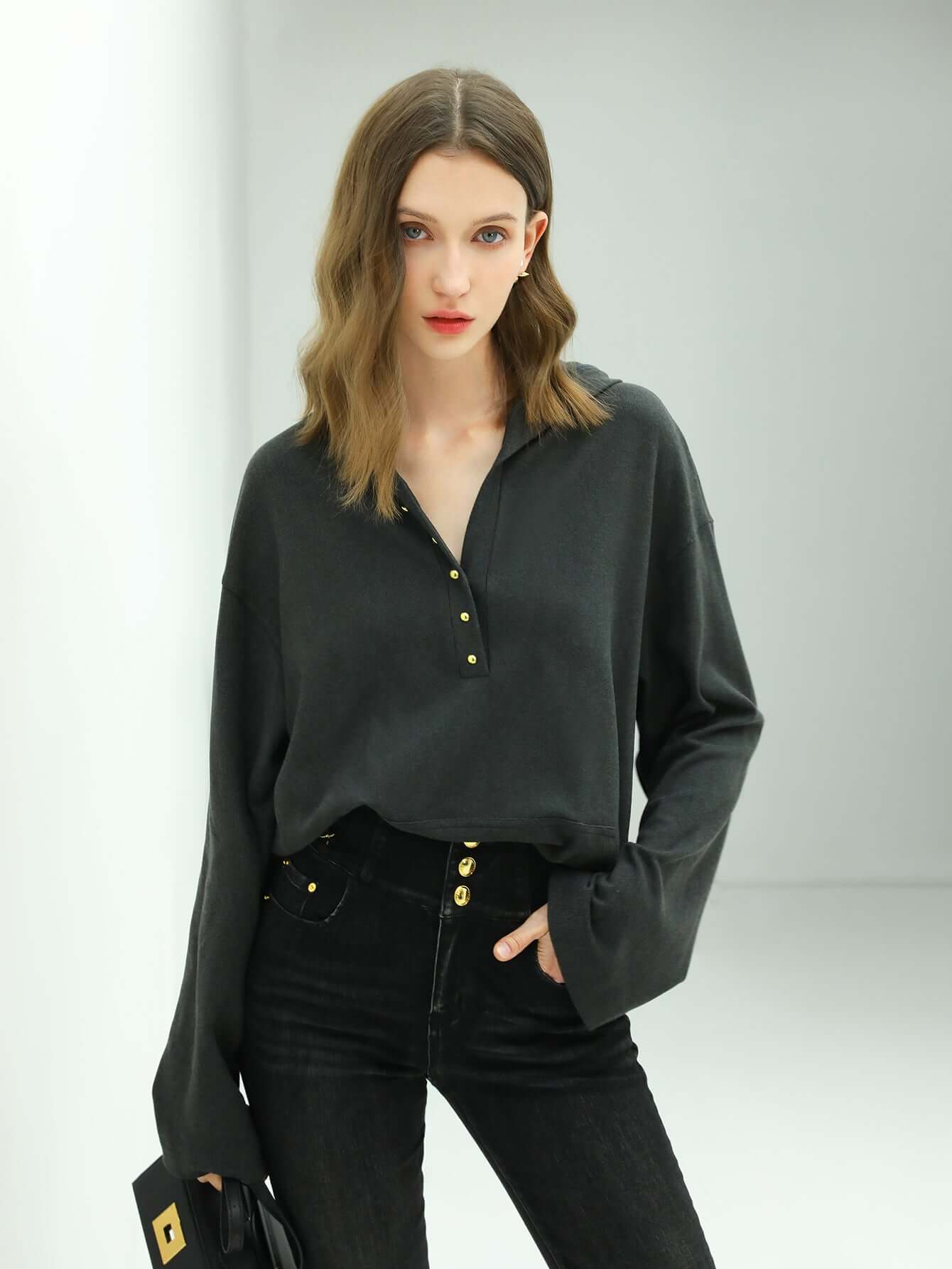 classic hooded sweater with gold buttons all charcoal 1