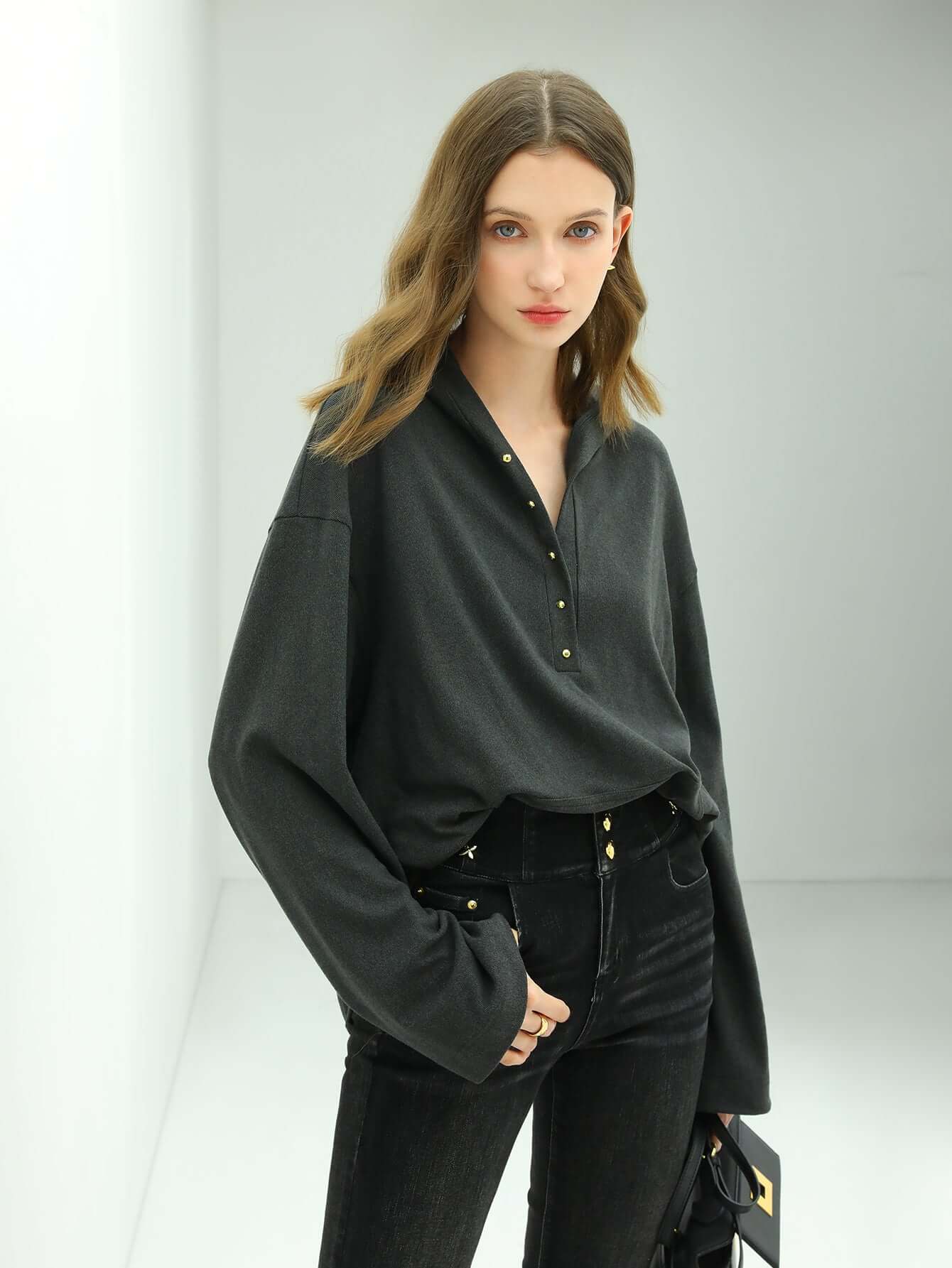 classic hooded sweater with gold buttons all charcoal 2