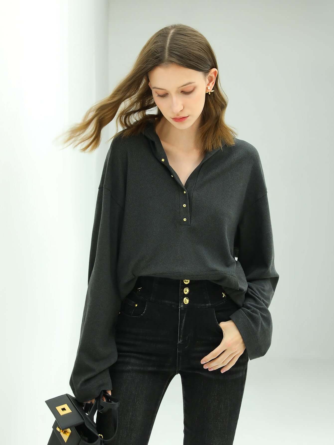 classic hooded sweater with gold buttons all charcoal 3