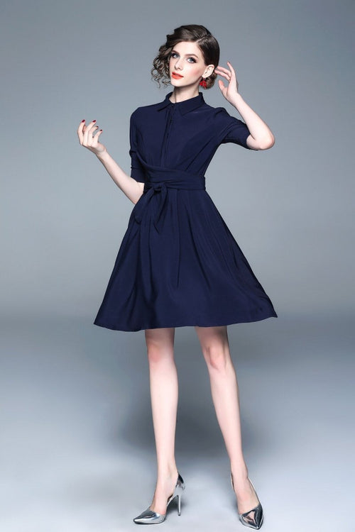 Classic Navy Blue Belted Shirt Dress - 0cm