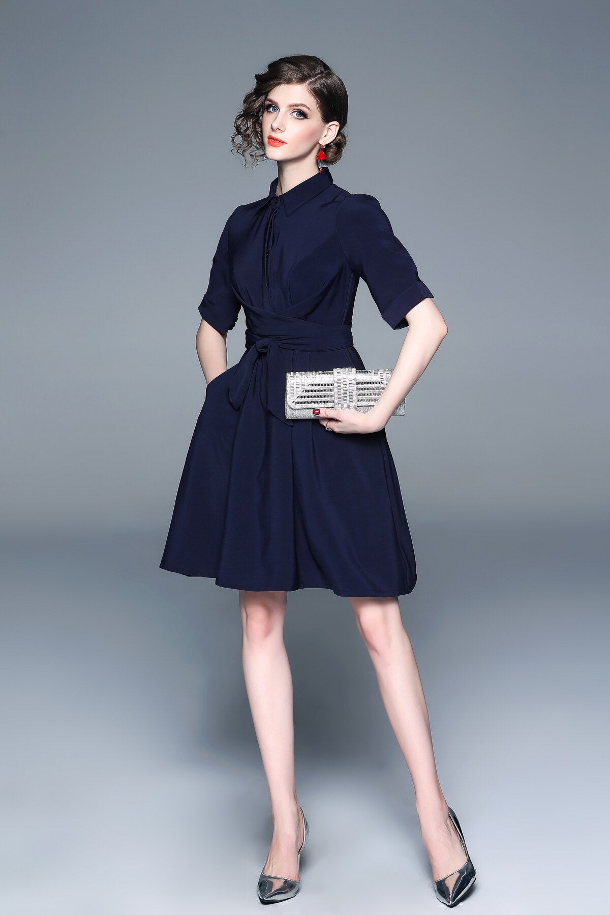 classic navy blue belted shirt dress all navy 2.JPG