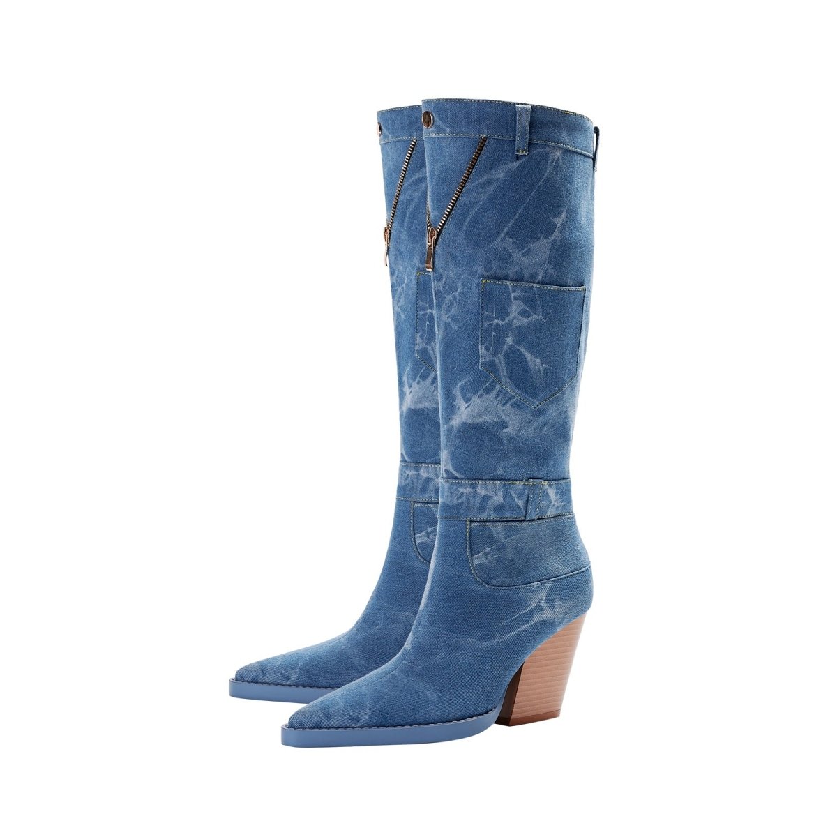Classic Pointed Toe Pocket Denim Knee High Boots - 0cm