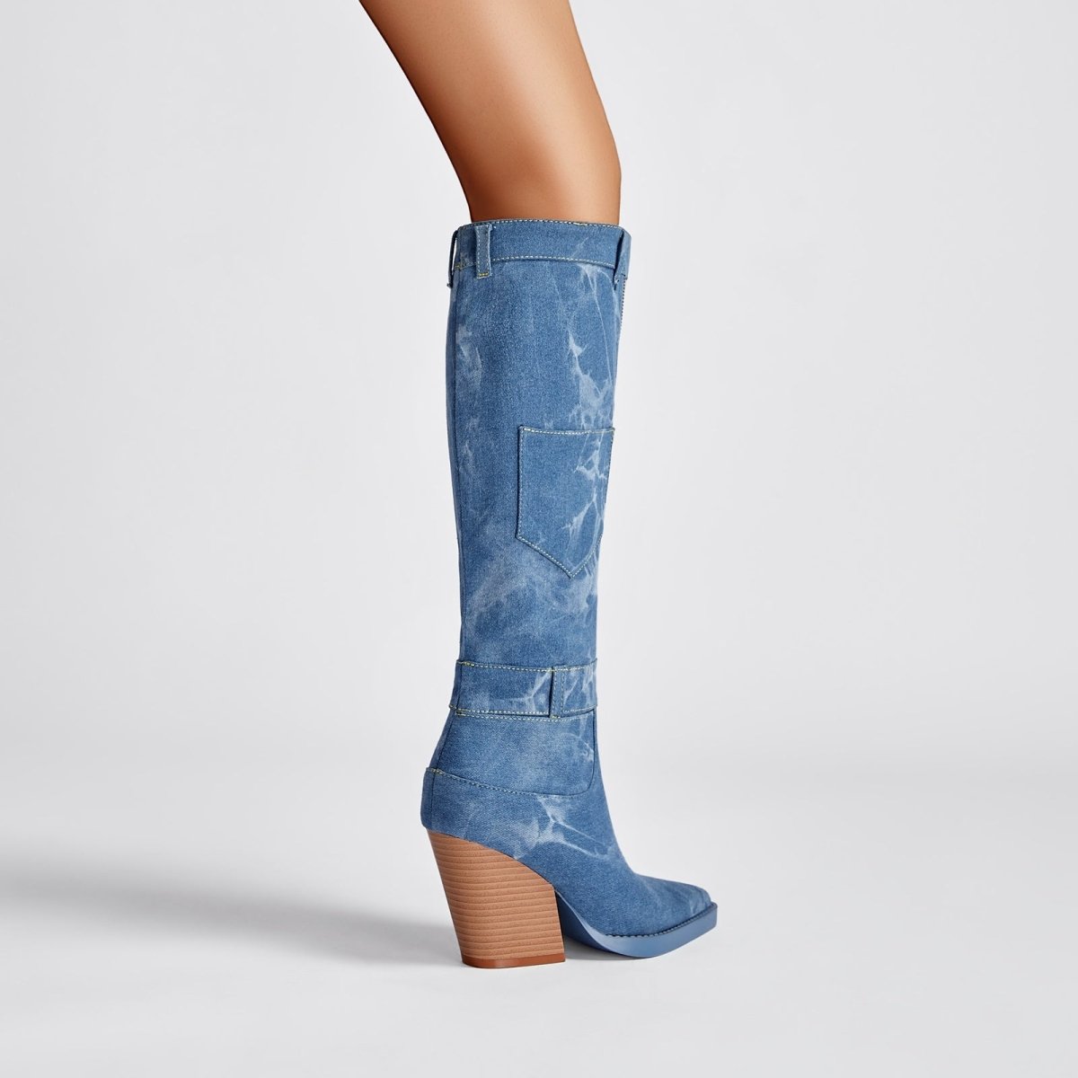 Classic Pointed Toe Pocket Denim Knee High Boots - 0cm