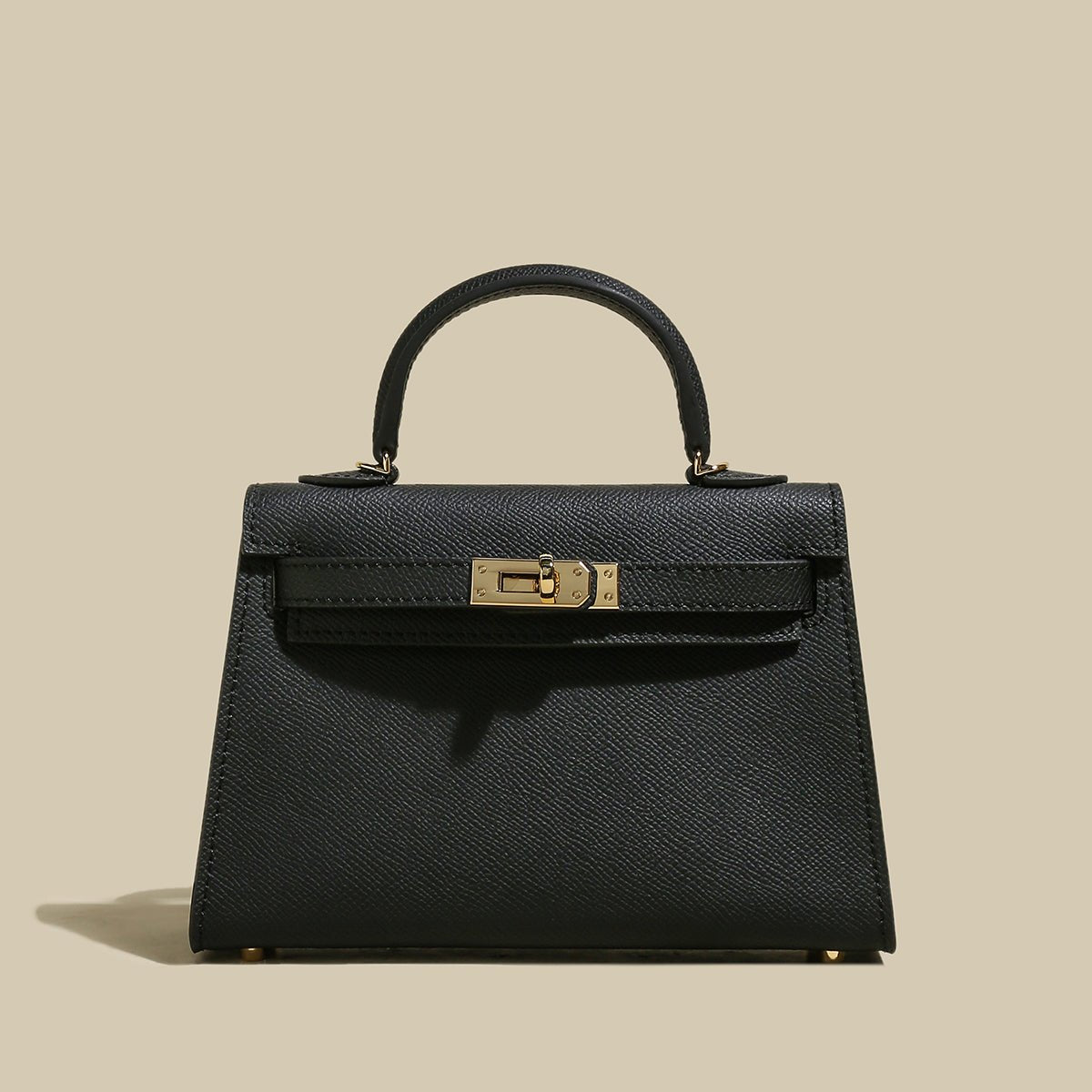 Classic Structured Leather Top-Handle Bag – Trapeze Satchel with Padlock Hardware & Detachable Strap