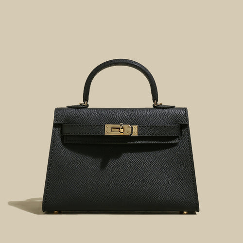 Classic Structured Leather Top-Handle Bag – Trapeze Satchel with Padlock Hardware & Detachable Strap
