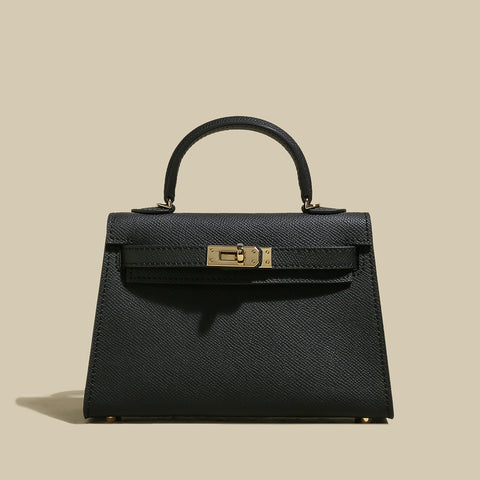 Classic Structured Leather Top-Handle Bag – Trapeze Satchel with Padlock Hardware & Detachable Strap