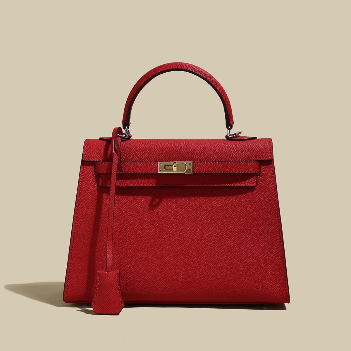 Classic Structured Leather Top-Handle Bag – Trapeze Satchel with Padlock Hardware & Detachable Strap
