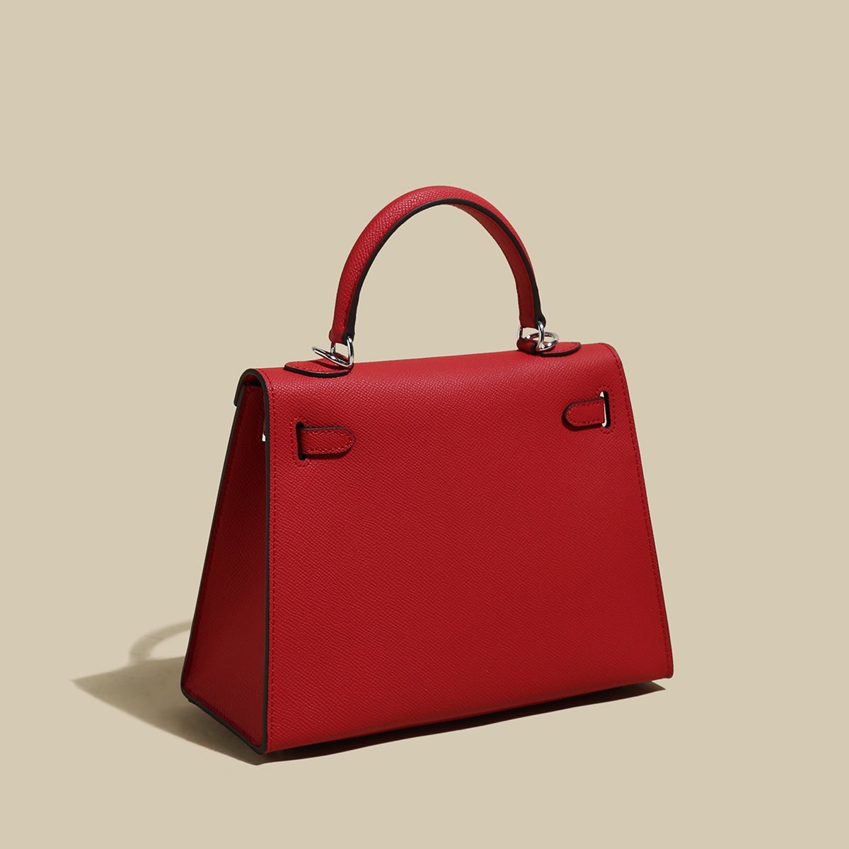 Classic Structured Leather Top-Handle Bag – Trapeze Satchel with Padlock Hardware & Detachable Strap