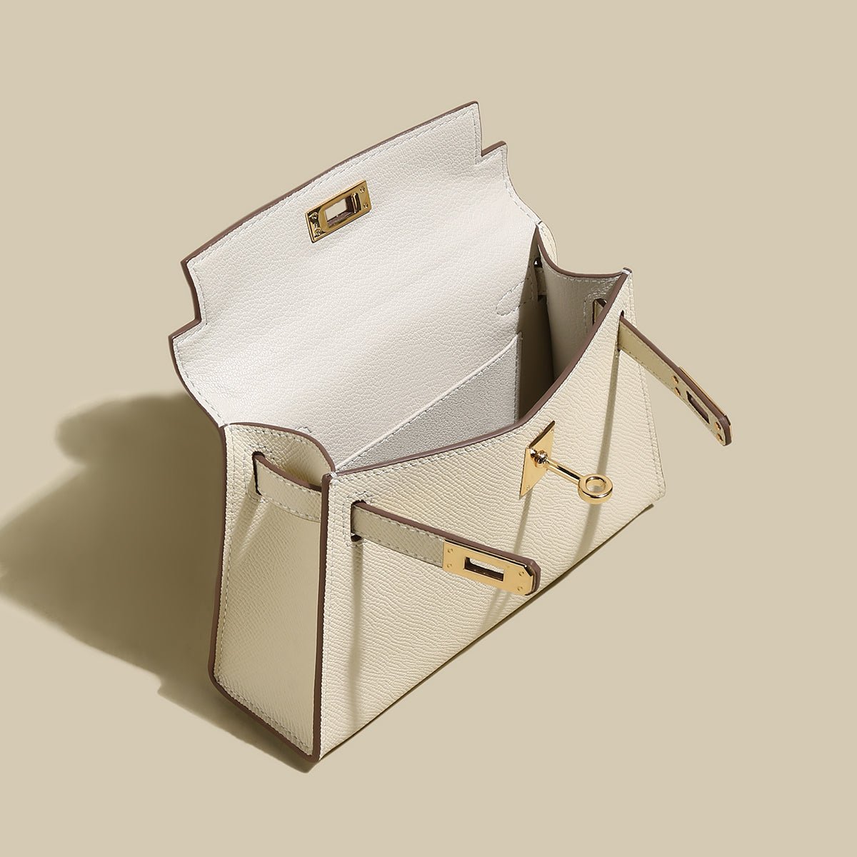 Classic Structured Leather Top-Handle Bag – Trapeze Satchel with Padlock Hardware & Detachable Strap