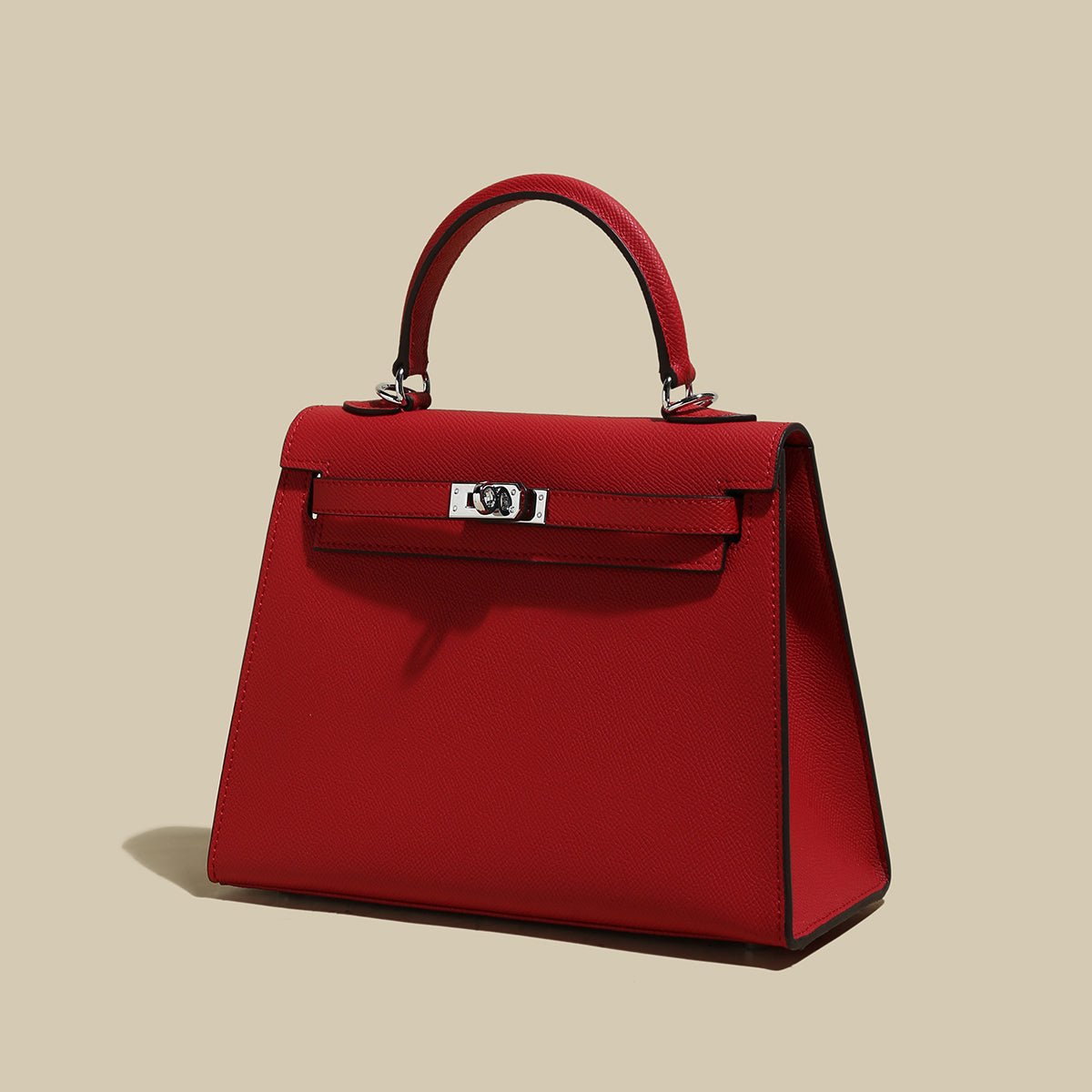 Classic Structured Leather Top-Handle Bag – Trapeze Satchel with Padlock Hardware & Detachable Strap