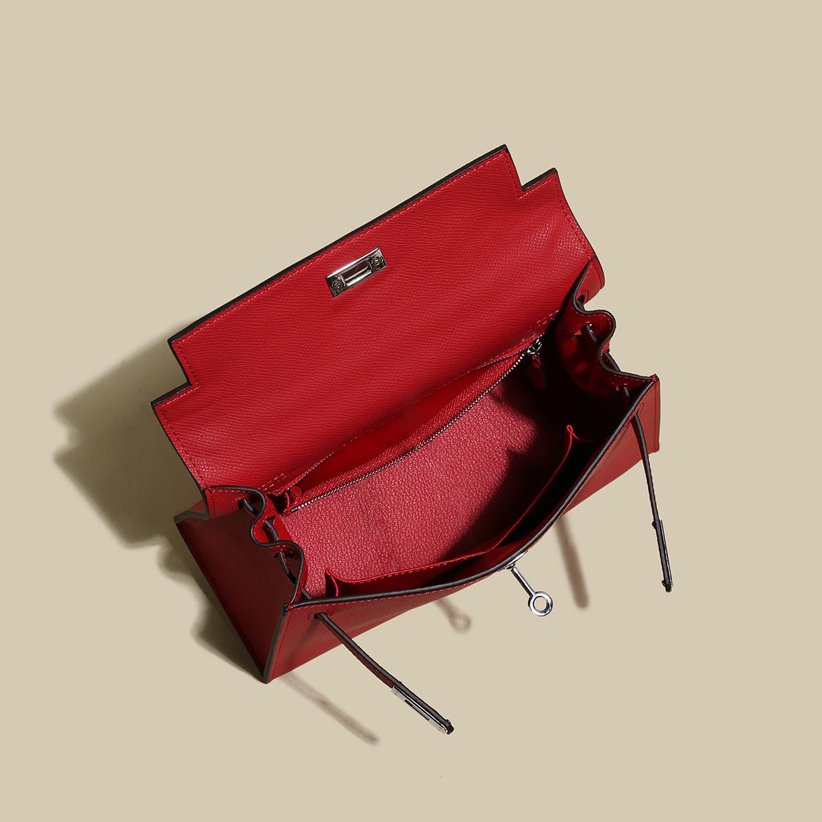 Classic Structured Leather Top-Handle Bag – Trapeze Satchel with Padlock Hardware & Detachable Strap