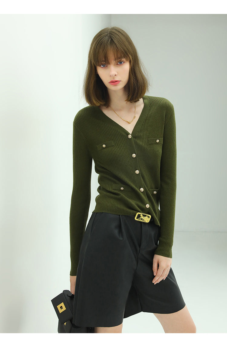 classic v neck rib green knit cardigan all green 3