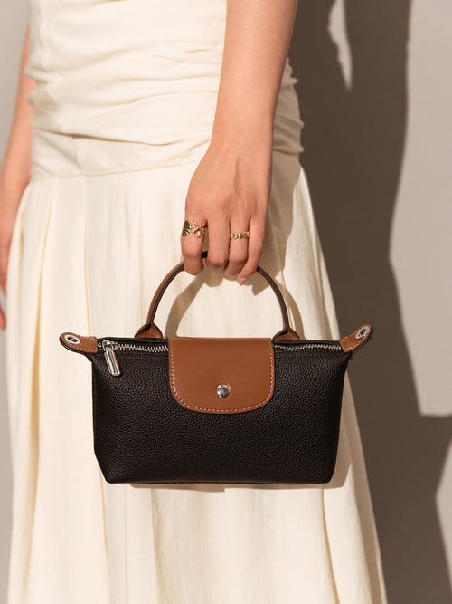 Classic Waterproof Pouch Top Handle Bag – Pebbled Leather Mini Tote with Contrasting Trim & Convertible Strap