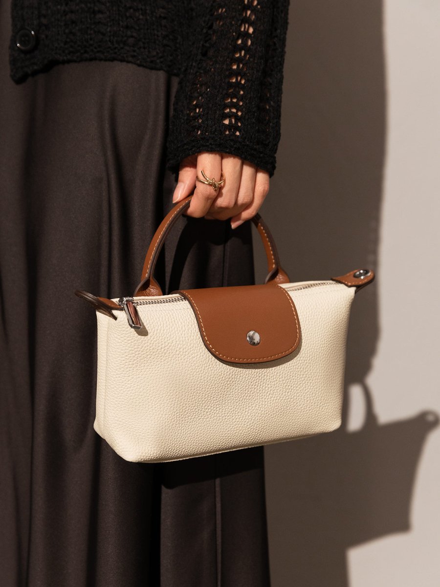 Classic Waterproof Pouch Top Handle Bag – Pebbled Leather Mini Tote with Contrasting Trim & Convertible Strap