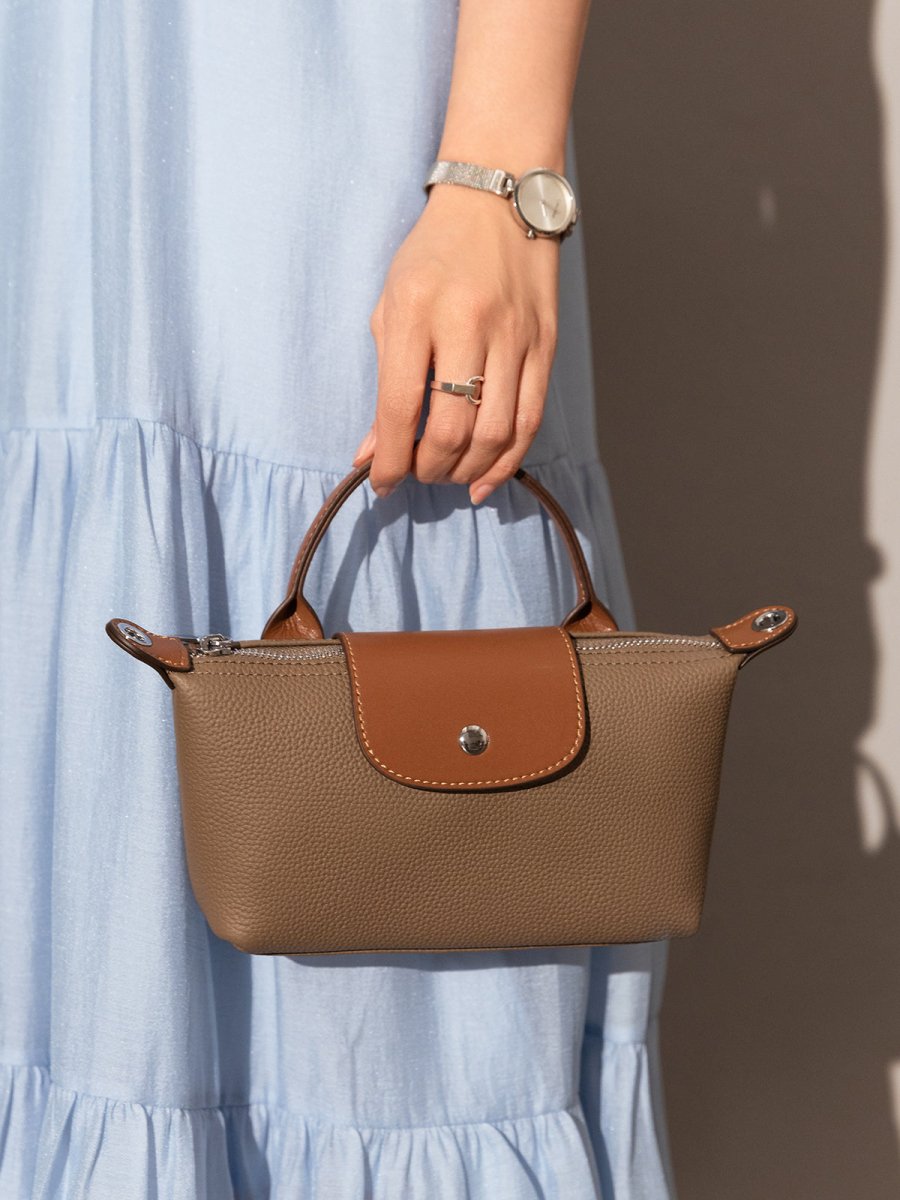 Classic Waterproof Pouch Top Handle Bag – Pebbled Leather Mini Tote with Contrasting Trim & Convertible Strap