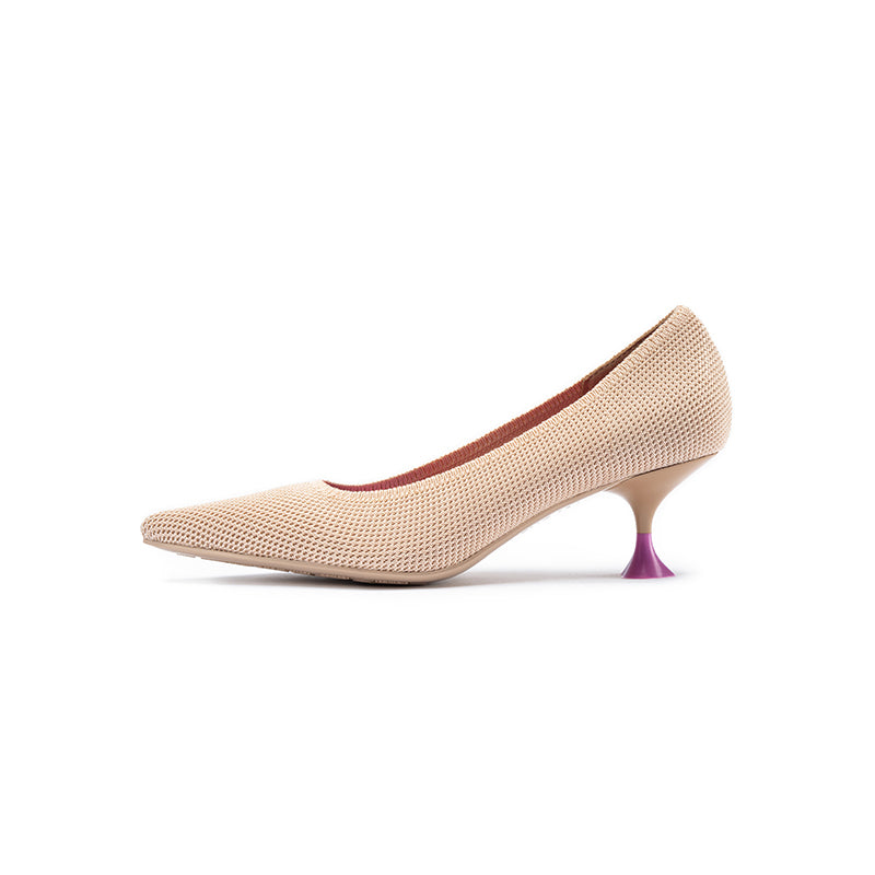 Classy Madam Pointed Toe Kitten Heels – Sculptural Wine Glass Knit Pumps