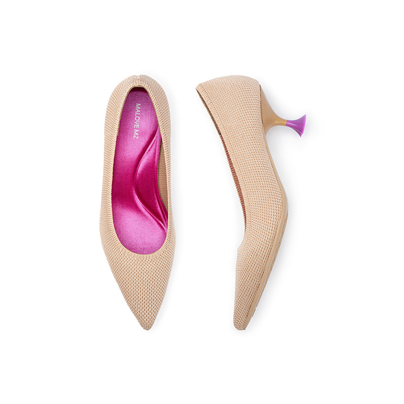 Classy Madam Pointed Toe Kitten Heels – Sculptural Wine Glass Knit Pumps