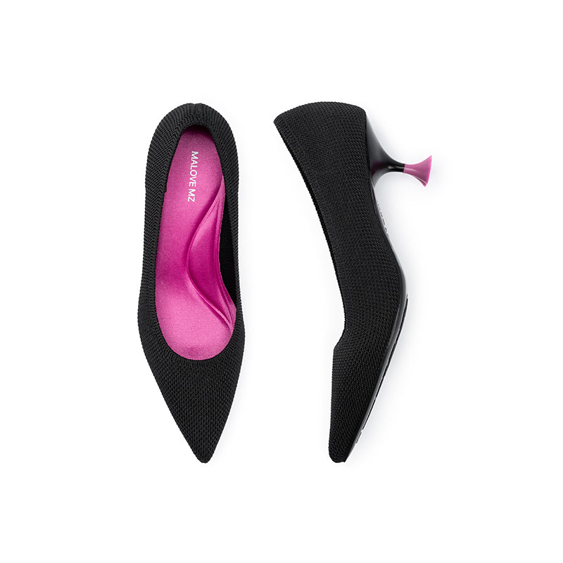 Classy Madam Pointed Toe Kitten Heels – Sculptural Wine Glass Knit Pumps