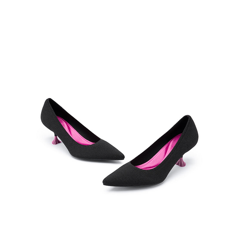 Classy Madam Pointed Toe Kitten Heels – Sculptural Wine Glass Knit Pumps