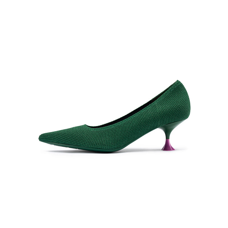 Classy Madam Pointed Toe Kitten Heels – Sculptural Wine Glass Knit Pumps