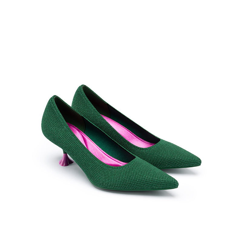 Classy Madam Pointed Toe Kitten Heels – Sculptural Wine Glass Knit Pumps