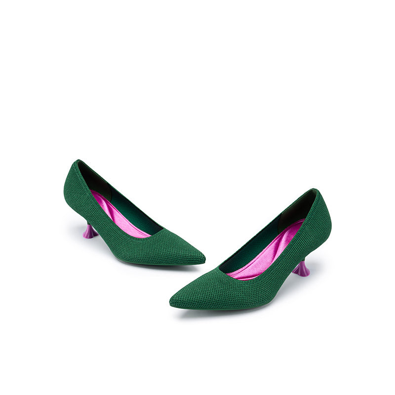 Classy Madam Pointed Toe Kitten Heels – Sculptural Wine Glass Knit Pumps