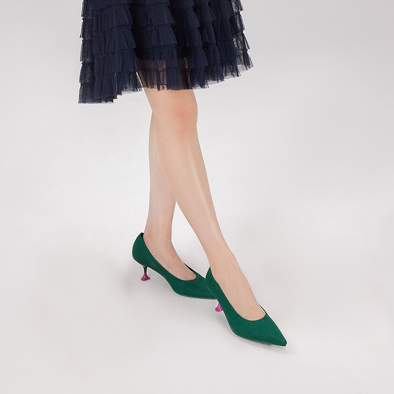 Classy Madam Pointed Toe Kitten Heels – Sculptural Wine Glass Knit Pumps