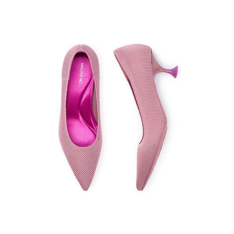 Classy Madam Pointed Toe Kitten Heels – Sculptural Wine Glass Knit Pumps