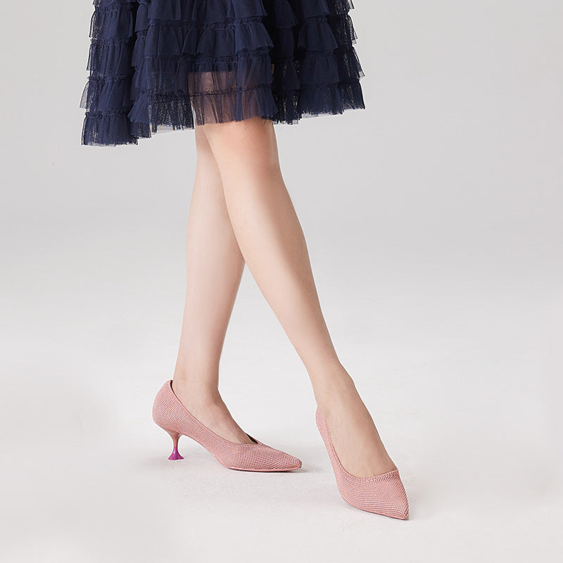 Classy Madam Pointed Toe Kitten Heels – Sculptural Wine Glass Knit Pumps