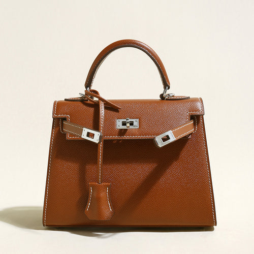 Clifton Palm-Grain Calfskin Top Handle Bag – Structured Leather Satchel with Turn-Lock Closure