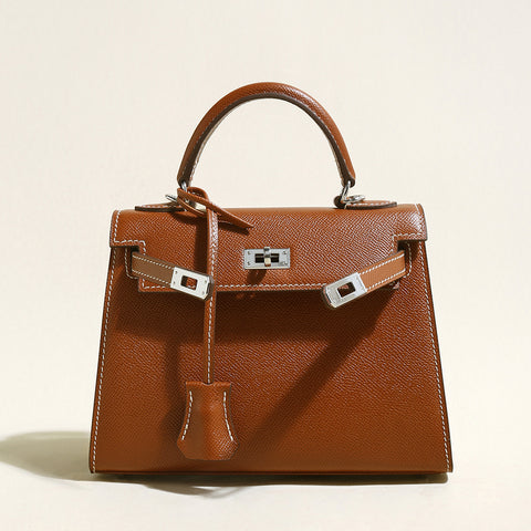 Clifton Palm-Grain Calfskin Top Handle Bag – Structured Leather Satchel with Turn-Lock Closure