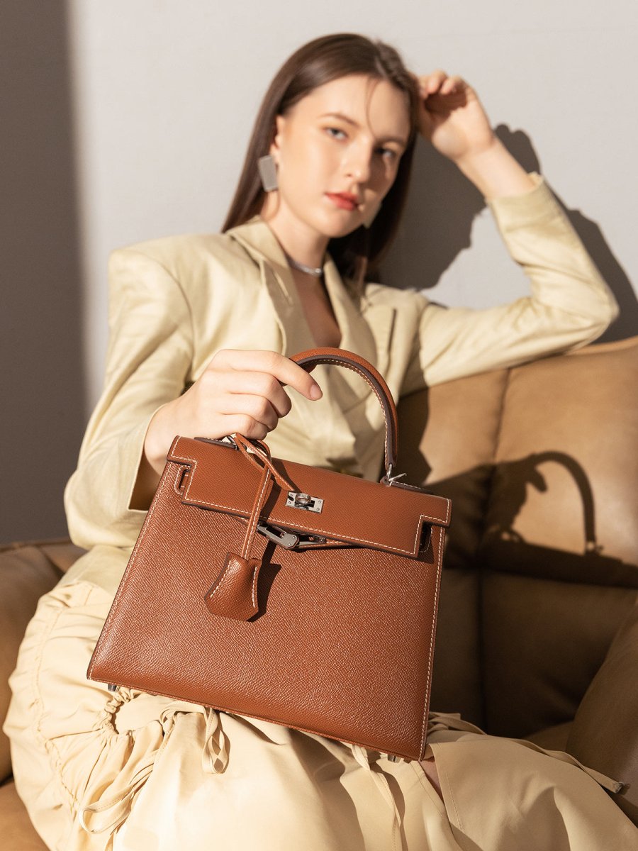 Clifton Palm-Grain Calfskin Top Handle Bag – Structured Leather Satchel with Turn-Lock Closure