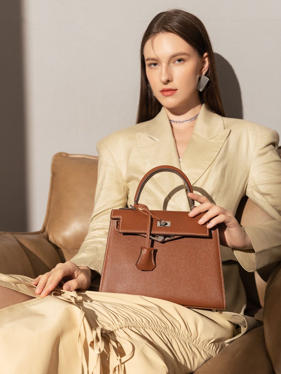 Clifton Palm-Grain Calfskin Top Handle Bag – Structured Leather Satchel with Turn-Lock Closure